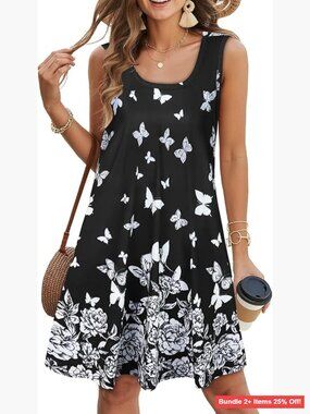 Floral Boho Summer Dress Sleeveless Casual Swing Tank with Pockets